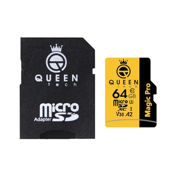 کارت حافظه Micro SD HC کوئین تک مدل A2-V30-633X کلاس 10 استاندارد سرعت UHS-l U3 سرعت 95MBps ظرفیت 64 گیگابایت به همراه آداپتور SD